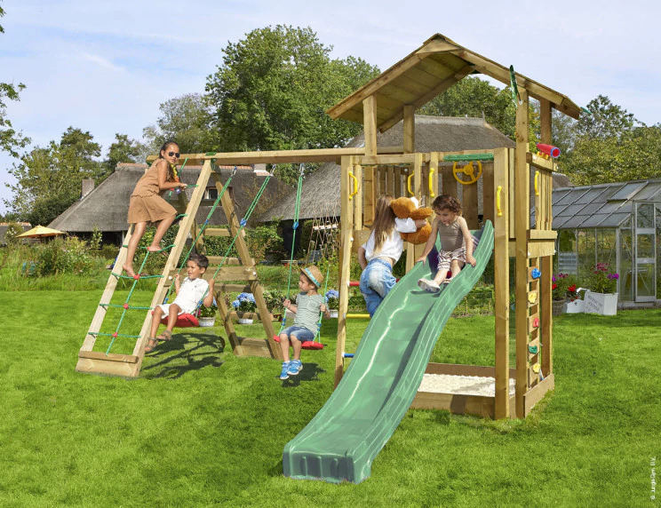 Jungle Chalet | Wooden climbing frame with swings & climbing net Jungle Chalet | Wooden climbing frame with swings & climbing net