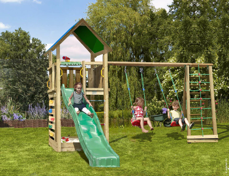 Jungle Lodge | Wooden climbing frame with swings & climbing net Jungle Lodge | Wooden climbing frame with swings & climbing net
