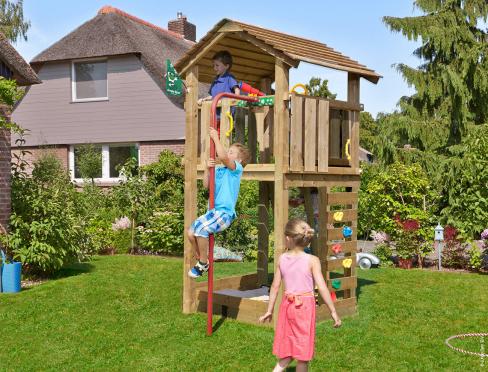 Jungle Cottage | Wooden climbing frame with fireman's pole