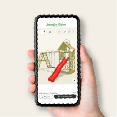 Customised climbing frame with slide and swings shown on a mobile phone